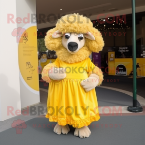 Gold Merino Sheep mascot costume character dressed with a A-Line Dress and Headbands