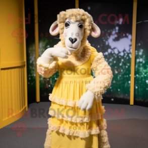 Gold Merino Sheep mascot costume character dressed with a A-Line Dress and Headbands