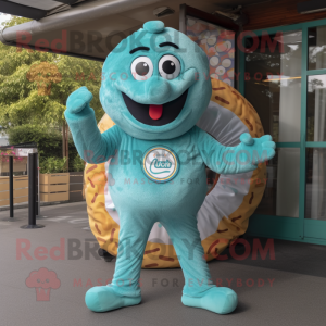 Teal Bagels mascot costume character dressed with a Playsuit and Rings