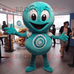 Teal Bagels mascot costume character dressed with a Playsuit and Rings