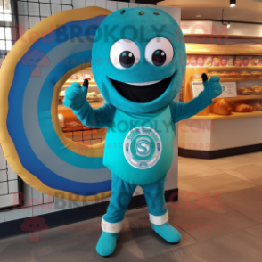 Teal Bagels mascot costume character dressed with a Playsuit and Rings