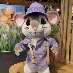 Lavender Dormouse mascot costume character dressed with a Chambray Shirt and Hats