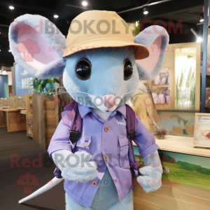 Lavender Dormouse mascot costume character dressed with a Chambray Shirt and Hats