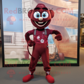 Maroon Acrobat mascot costume character dressed with a Dungarees and Keychains