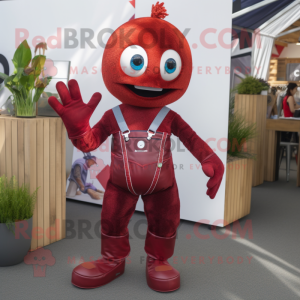 Maroon Acrobat mascot costume character dressed with a Dungarees and Keychains