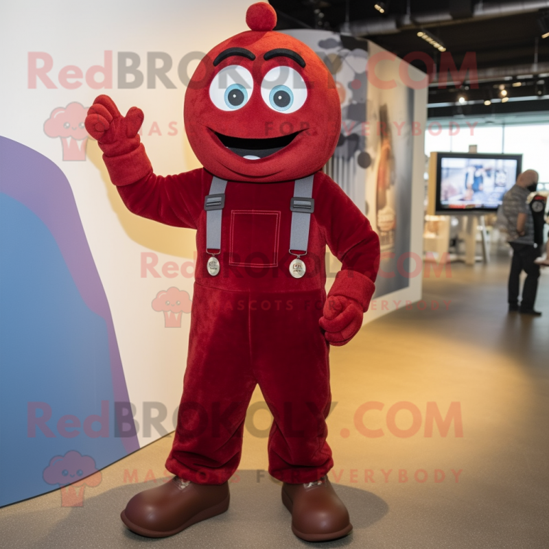 Maroon Acrobat mascot costume character dressed with a Dungarees and Keychains