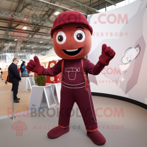 Maroon Acrobat mascot costume character dressed with a Dungarees and Keychains