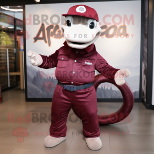 Maroon Anaconda mascot costume character dressed with a Jeans and Berets