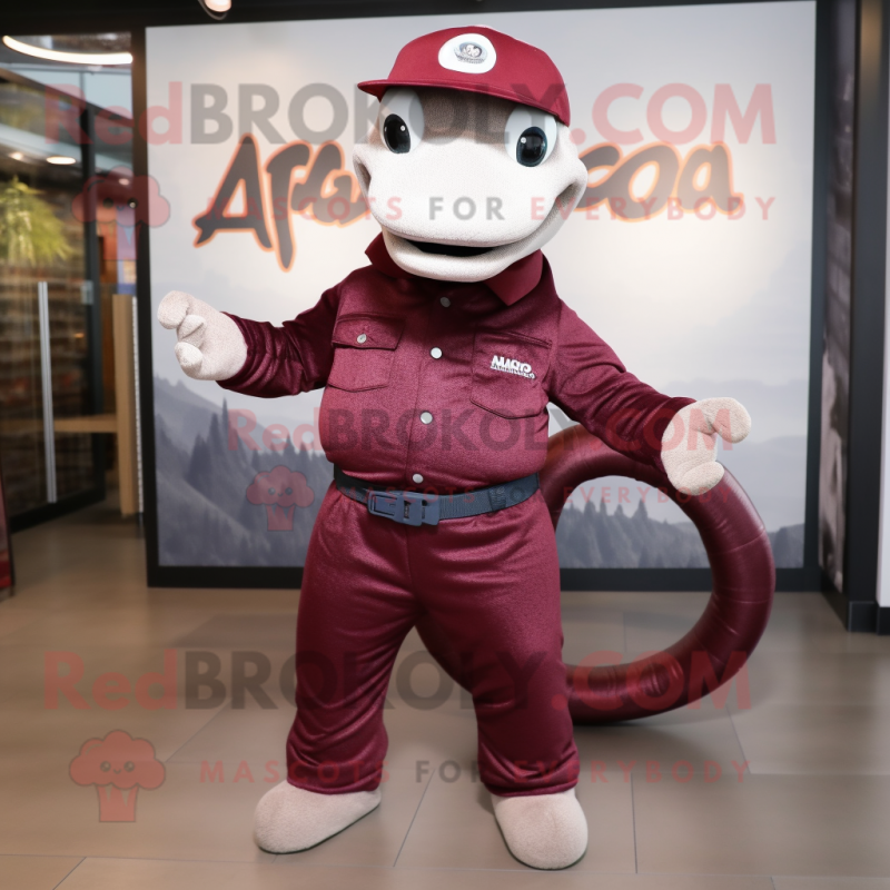 Maroon Anaconda mascot costume character dressed with a Jeans and Berets Maroon Anaconda mascot costume character dressed with a Jeans and Berets
