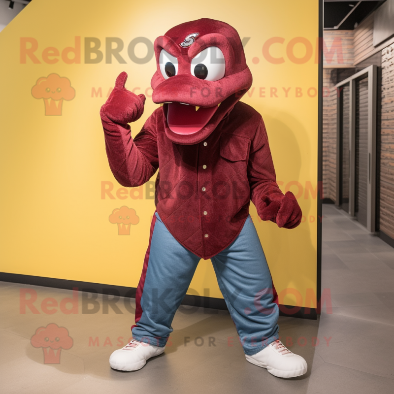 Maroon Anaconda mascot costume character dressed with a Jeans and Berets Maroon Anaconda mascot costume character dressed with a Jeans and Berets