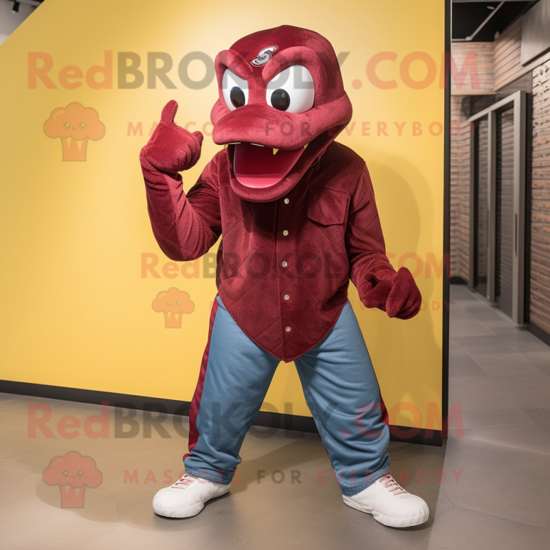 Maroon Anaconda mascot costume character dressed with a Jeans and Berets