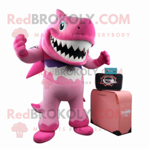 Pink Megalodon mascot costume character dressed with a Tank Top and Wallets