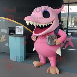 Pink Megalodon mascot costume character dressed with a Tank Top and Wallets