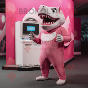 Pink Megalodon mascot costume character dressed with a Tank Top and Wallets