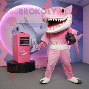 Pink Megalodon mascot costume character dressed with a Tank Top and Wallets