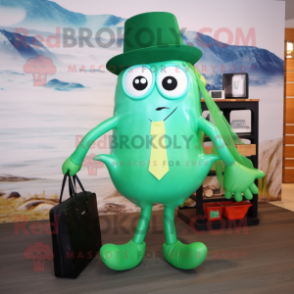 Green Fried Calamari mascot costume character dressed with a Suit Jacket and Tote bags