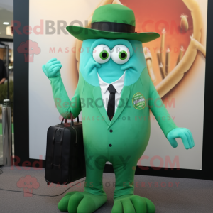 Green Fried Calamari mascot costume character dressed with a Suit Jacket and Tote bags