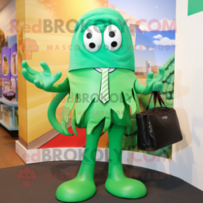 Green Fried Calamari mascot costume character dressed with a Suit Jacket and Tote bags