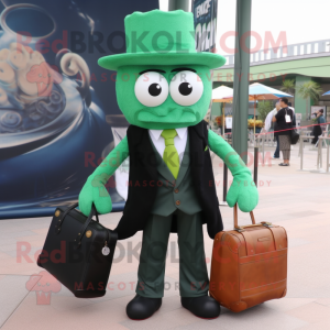 Green Fried Calamari mascot costume character dressed with a Suit Jacket and Tote bags