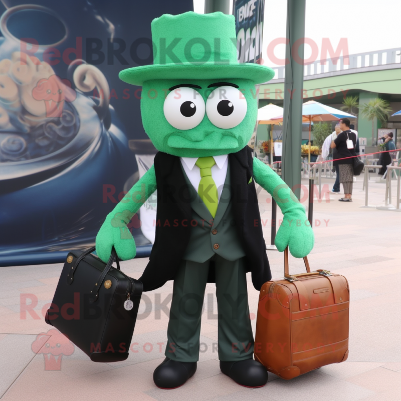 Green Fried Calamari mascot costume character dressed with a Suit Jacket and Tote bags