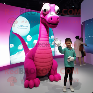 Magenta Brachiosaurus mascot costume character dressed with a Sweater and Watches