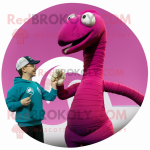 Magenta Brachiosaurus mascot costume character dressed with a Sweater and Watches