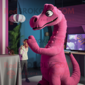 Magenta Brachiosaurus mascot costume character dressed with a Sweater and Watches