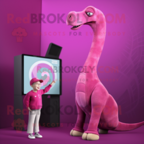 Magenta Brachiosaurus mascot costume character dressed with a Sweater and Watches