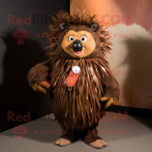 Brown Porcupine mascot costume character dressed with a Wrap Skirt and Ties