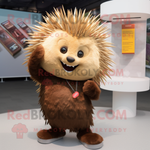 Brown Porcupine mascot costume character dressed with a Wrap Skirt and Ties