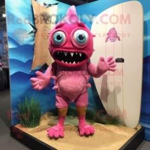 Pink Piranha mascot costume character dressed with a Board Shorts and Cummerbunds