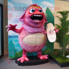 Pink Piranha mascot costume character dressed with a Board Shorts and Cummerbunds