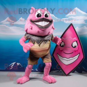 Pink Piranha mascot costume character dressed with a Board Shorts and Cummerbunds