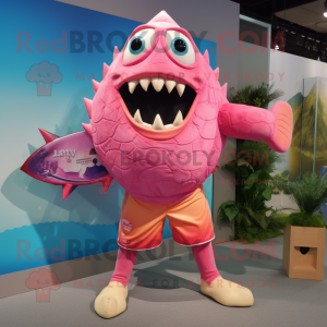 Pink Piranha mascot costume character dressed with a Board Shorts and Cummerbunds