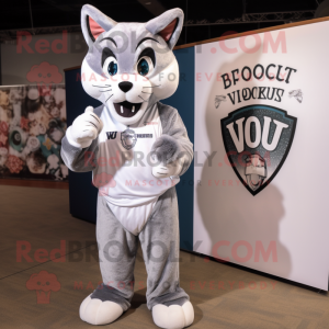 Silver Bobcat mascot costume character dressed with a V-Neck Tee and Earrings