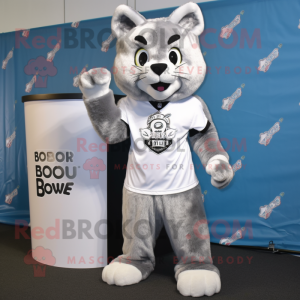 Silver Bobcat mascot costume character dressed with a V-Neck Tee and Earrings