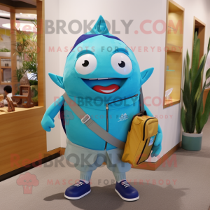 Cyan Tuna mascot costume character dressed with a Capri Pants and Messenger bags