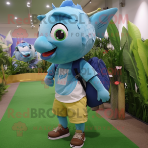 Cyan Tuna mascot costume character dressed with a Capri Pants and Messenger bags