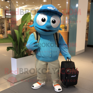 Cyan Tuna mascot costume character dressed with a Capri Pants and Messenger bags