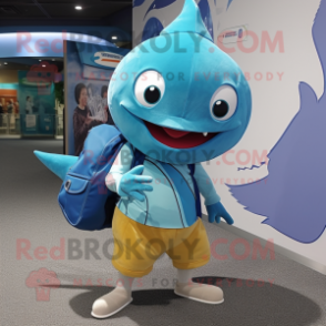 Cyan Tuna mascot costume character dressed with a Capri Pants and Messenger bags