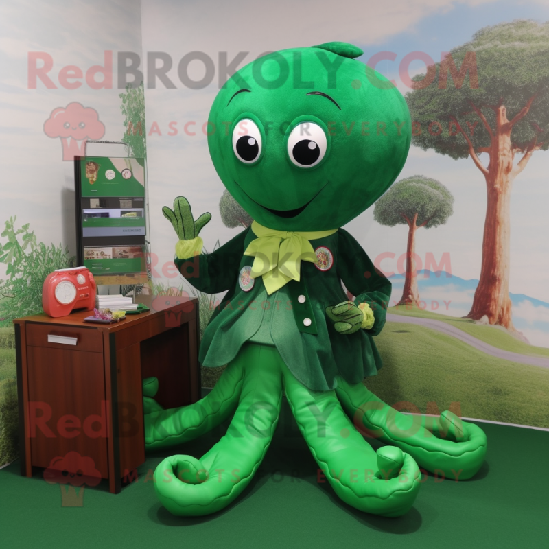 Forest Green Octopus mascot costume character dressed with a A-Line Skirt and Coin purses Forest Green Octopus mascot costume character dressed with a A-Line Skirt and Coin purses