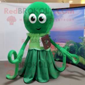 Forest Green Octopus mascot costume character dressed with a A-Line Skirt and Coin purses