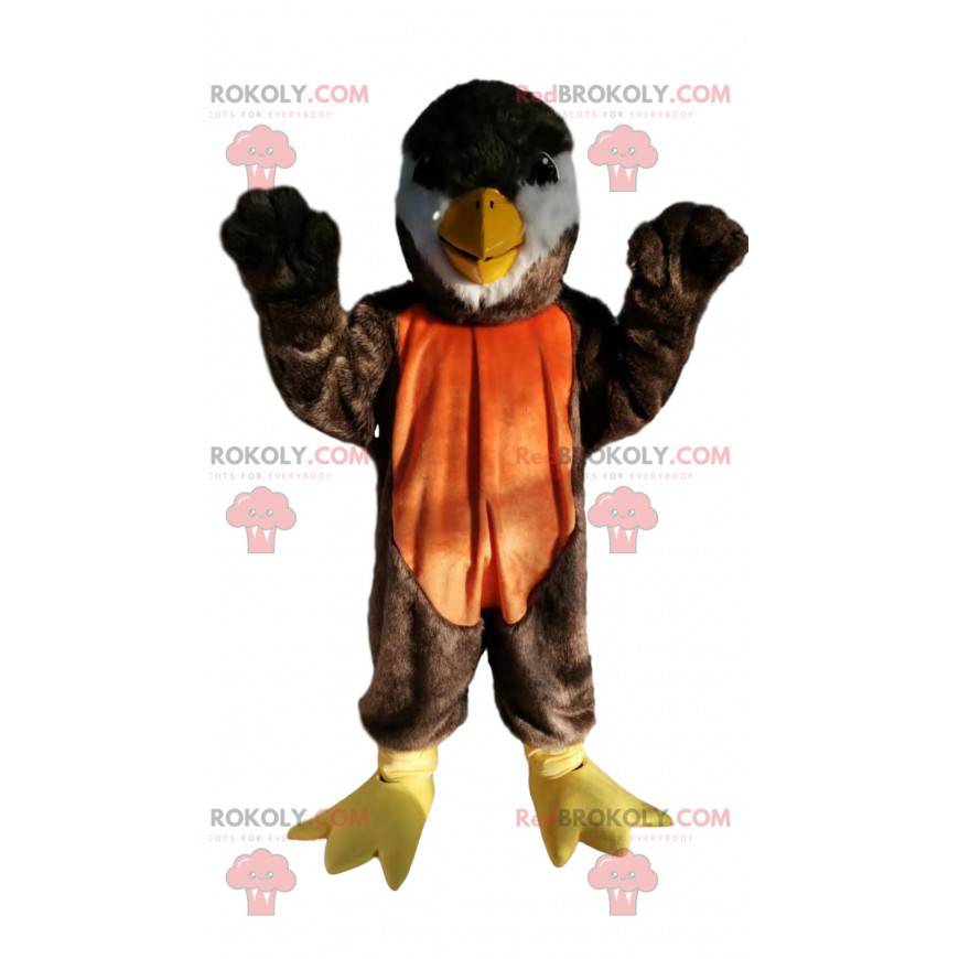 Mascote pássaro marrom e laranja com um lindo bico -