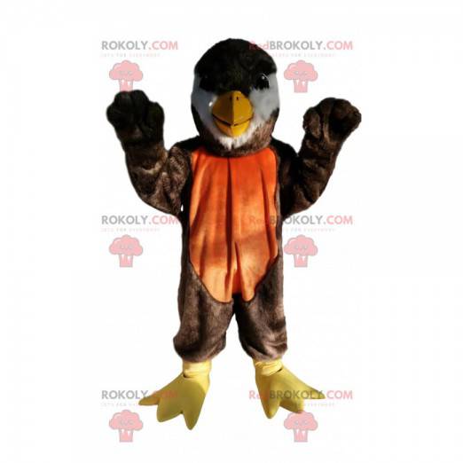 Mascote pássaro marrom e laranja com um lindo bico -