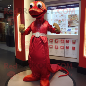 Red Python mascot costume character dressed with a Empire Waist Dress and Coin purses