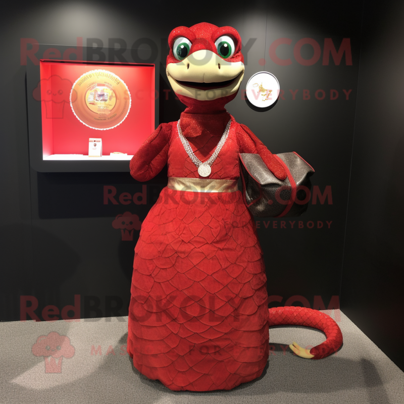 Red Python mascot costume character dressed with a Empire Waist Dress and Coin purses