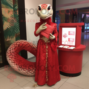Red Python mascot costume character dressed with a Empire Waist Dress and Coin purses