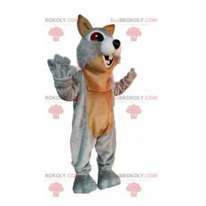 Very enthusiastic gray and brown squirrel mascot -