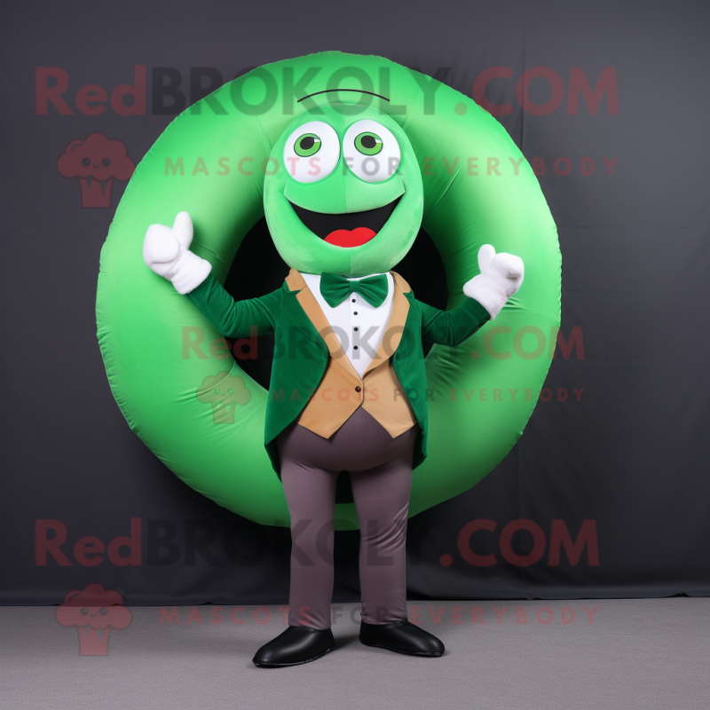 Green Donut mascot costume character dressed with a Turtleneck and Bow ties