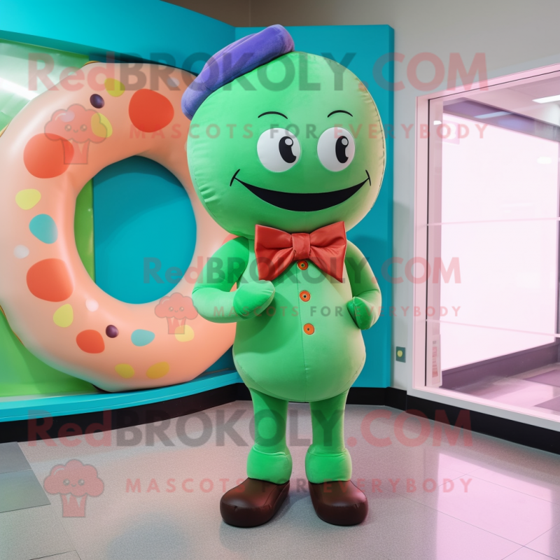 Green Donut mascot costume character dressed with a Turtleneck and Bow ties